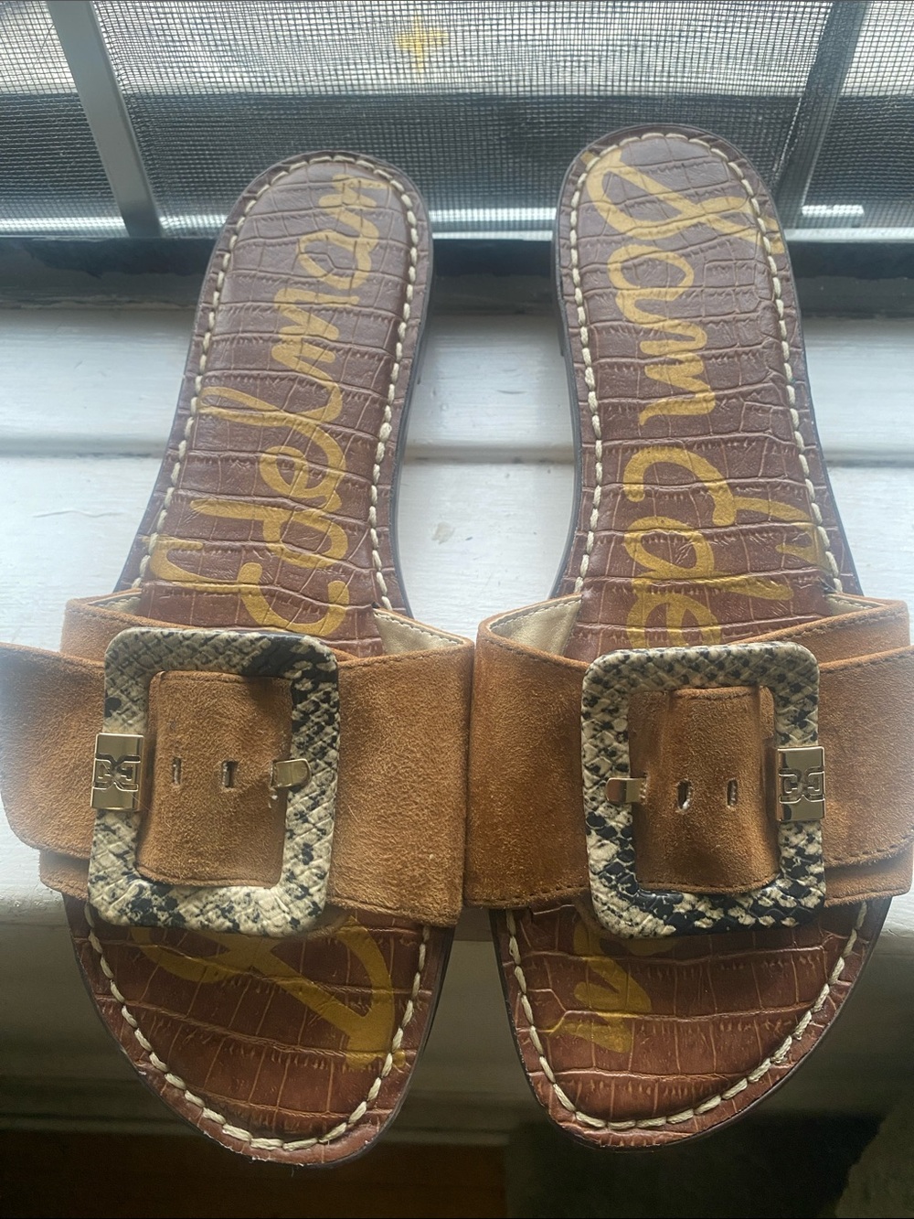 Sam Edelman Tan Brown Suede Slide Sandals with Snakeskin Buckle